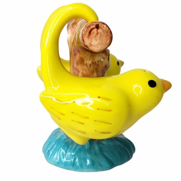 Ceramic Yellow Canary Salt & Pepper Shaker Set Hand Painted Bird On Tree Stand - Picture 3 of 12